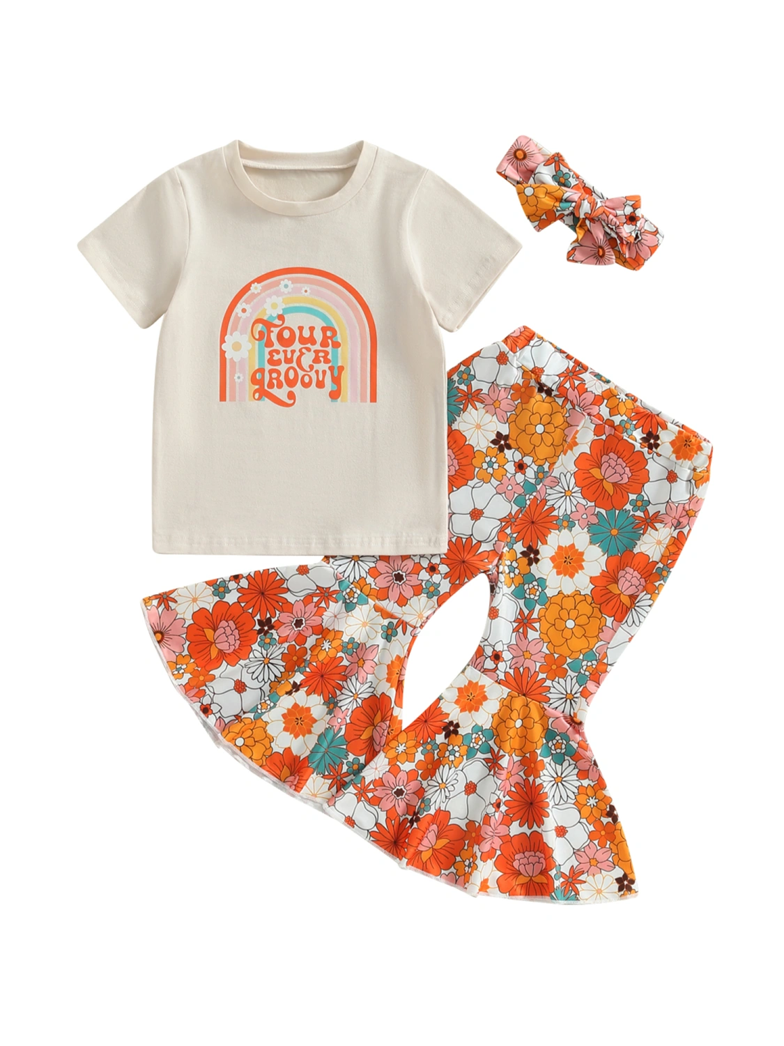 Toddler Girl Birthday Outfits, Rainbow Print Tops + Flare Pants Set