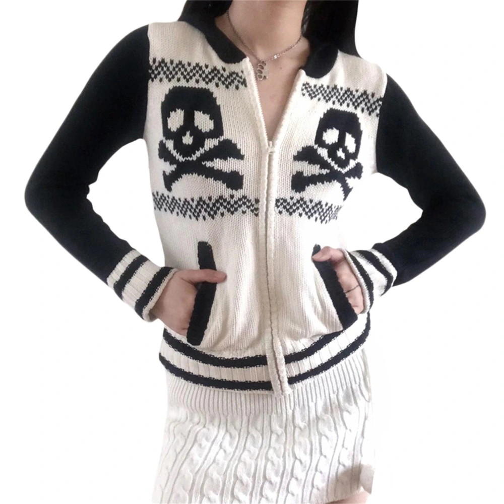 Women's Spring Long Sleeve Skull Print Hooded Knitwear with Pockets