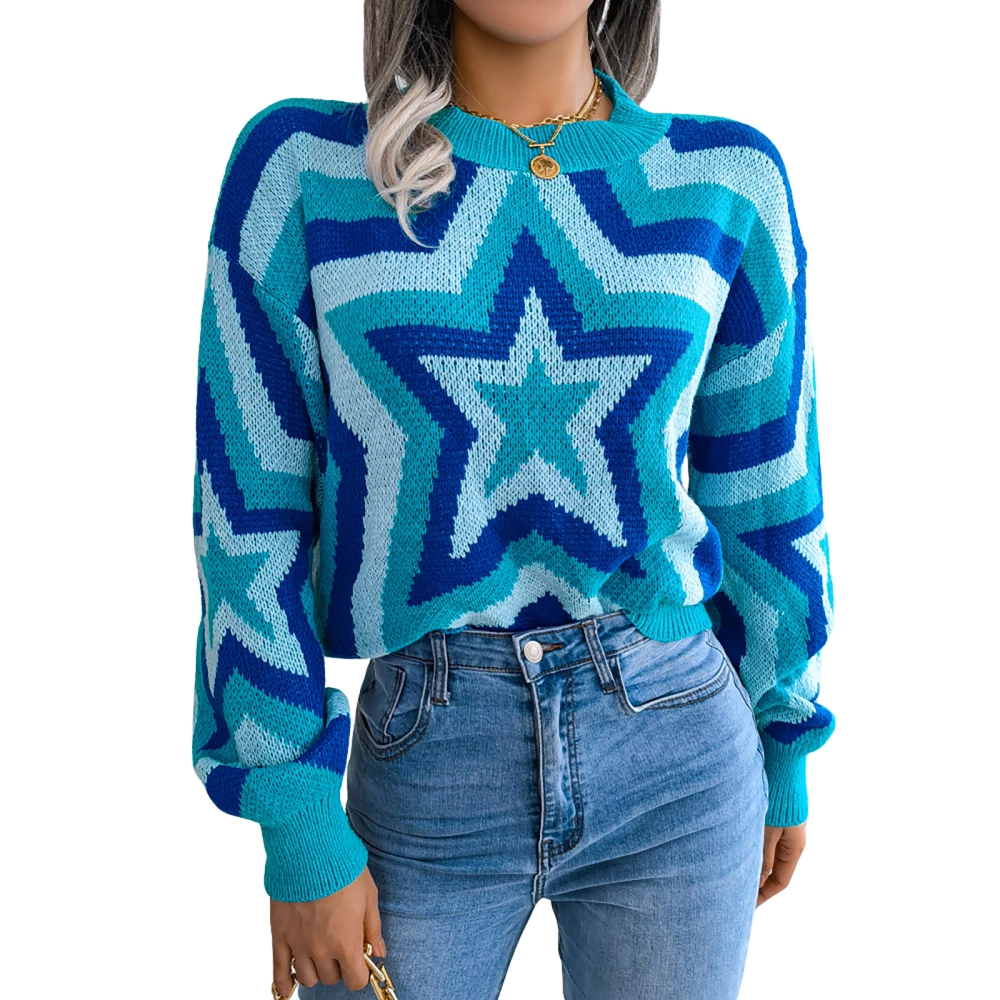 Women Sweater Contrast Color Stars Pattern Long Sleeve Knitted Tops