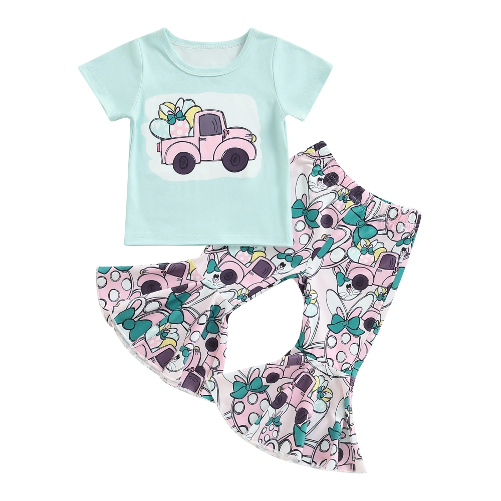 Kids Girls Pants Set, Car Print T-shirt + Rabbit Print Flare Pants