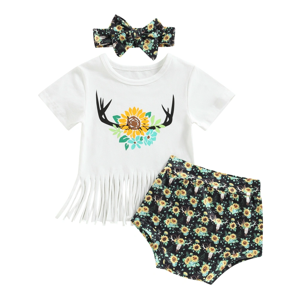 Girls Short Sleeve Floral Tassels Tops Short Pants Headband Outfits