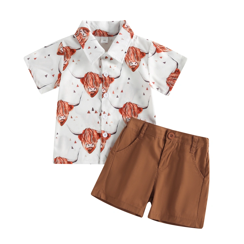 Baby Kids Boys Shorts Set, Short Sleeve Bull Head Print Shirt + Shorts