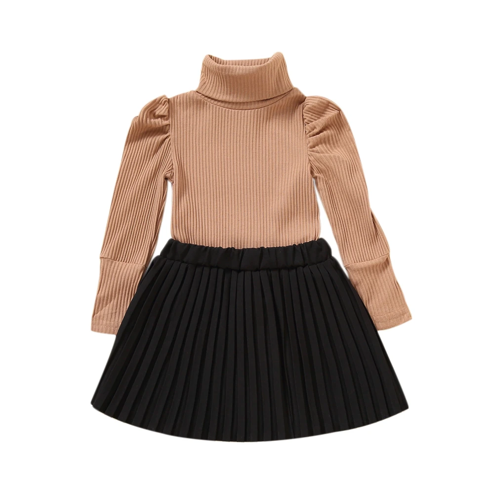 Girls Clothes Set, Solid Color Turtleneck Knitwear and Pleated Skirt