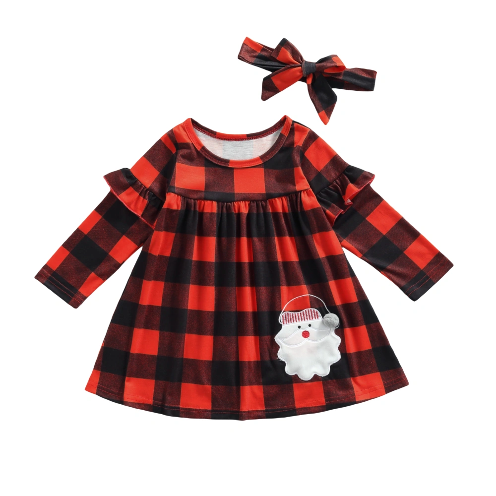 Kids Christmas Outfit, Santa Patch Plaid Long Sleeve Dress + Hairband