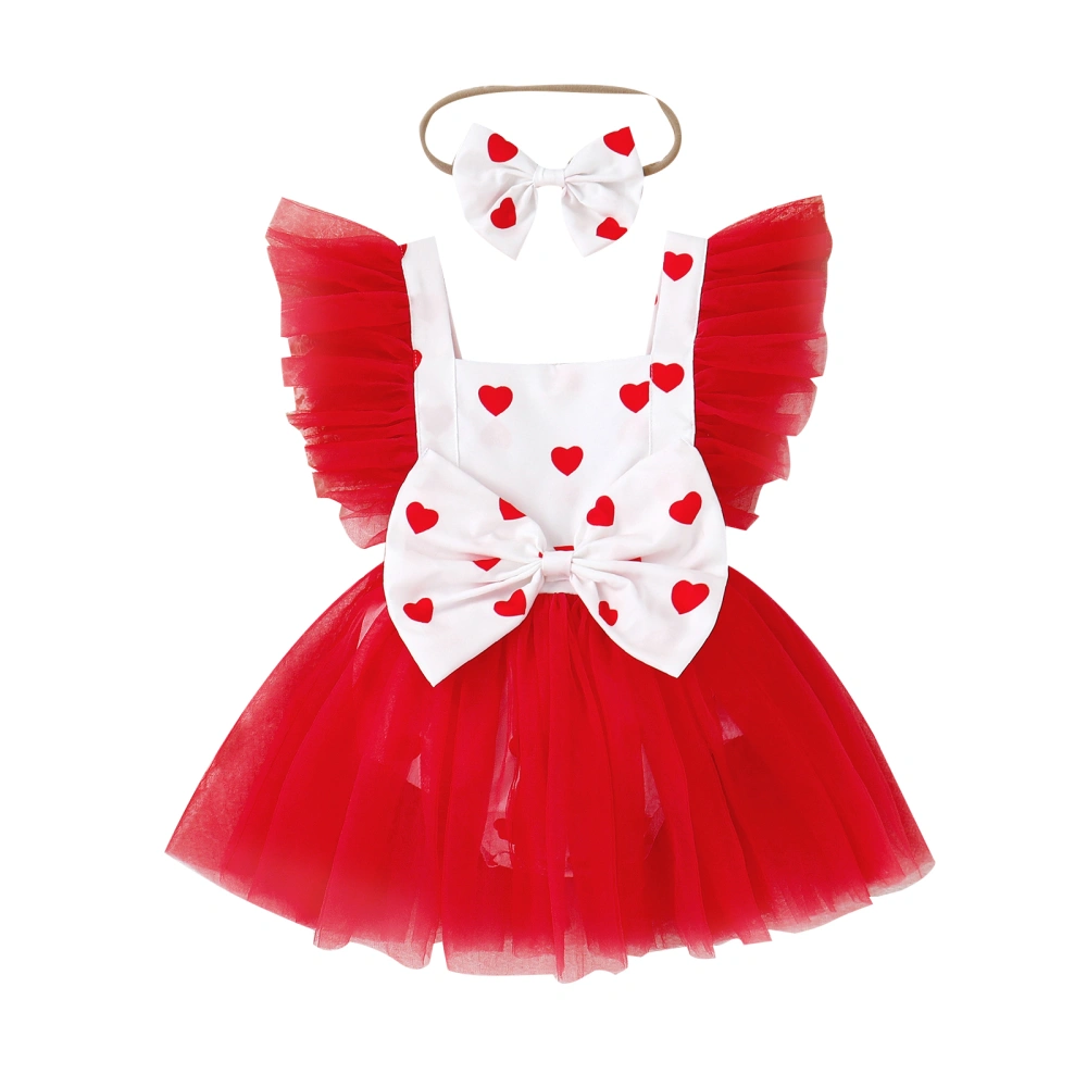 Baby Girls Romper Set, Fly Sleeve Heart Print Tulle Dress + Headband