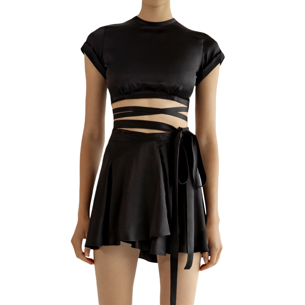 Women’s Two Piece Outfits, Cross Tie Back Crop Tops and Mini Skirt Set