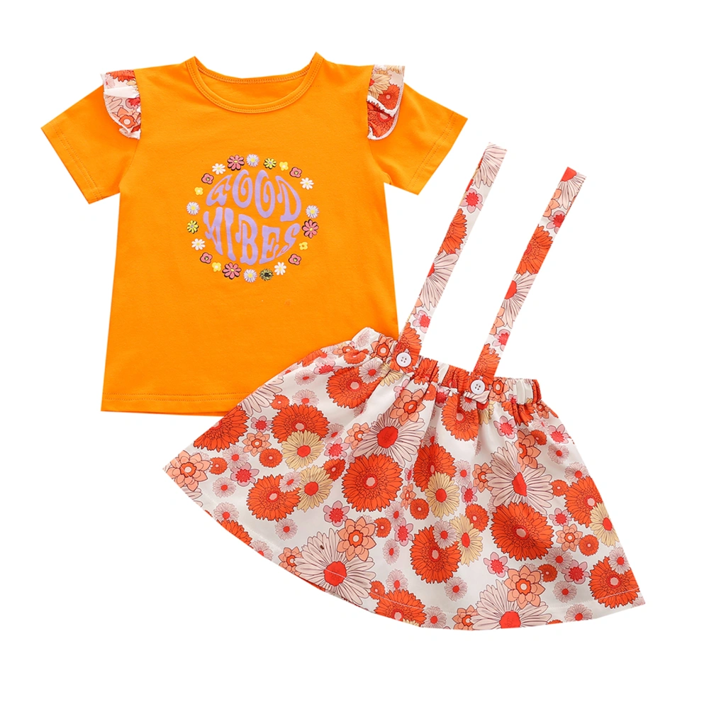 Girls Clothes Set, Letter Print T-shirt with Ruffles+Suspender Skirt