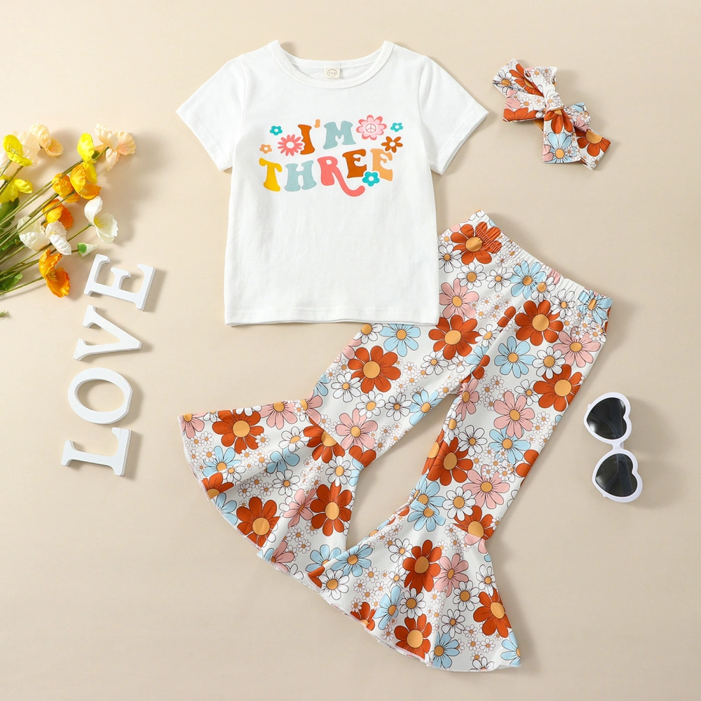 Girl Summer Outfits, Letter Floral Tops + Flare Pants + Headband Set