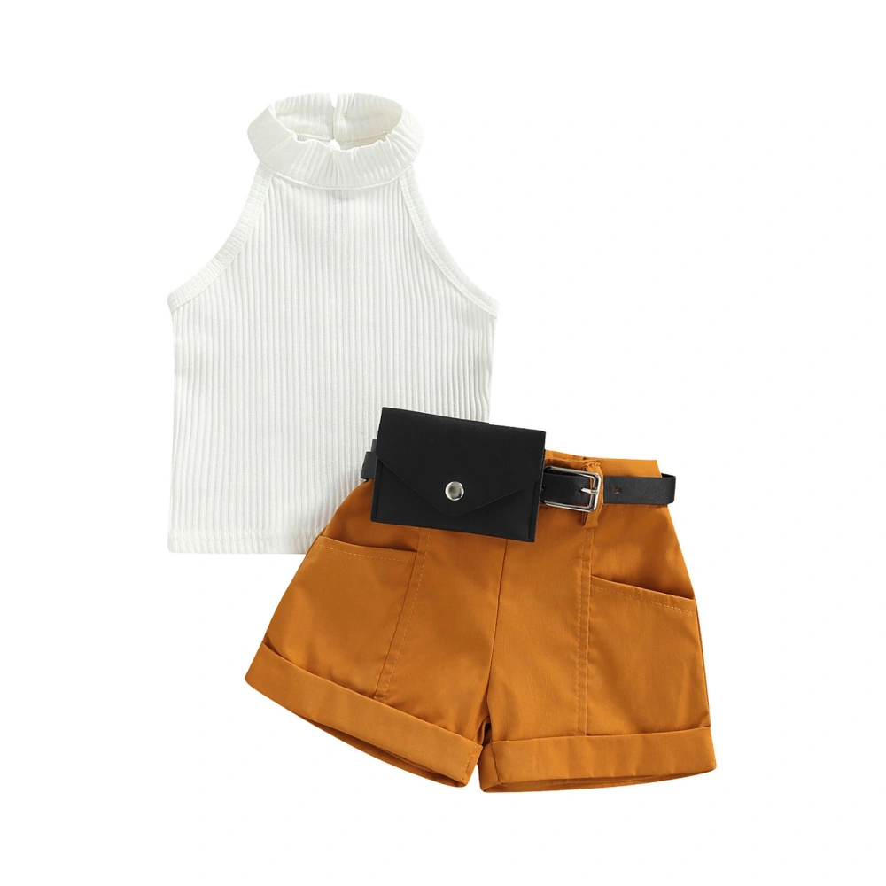 Girl Solid Ribbed Mock Neck Vest + Shorts with Pockets + Waist Bag