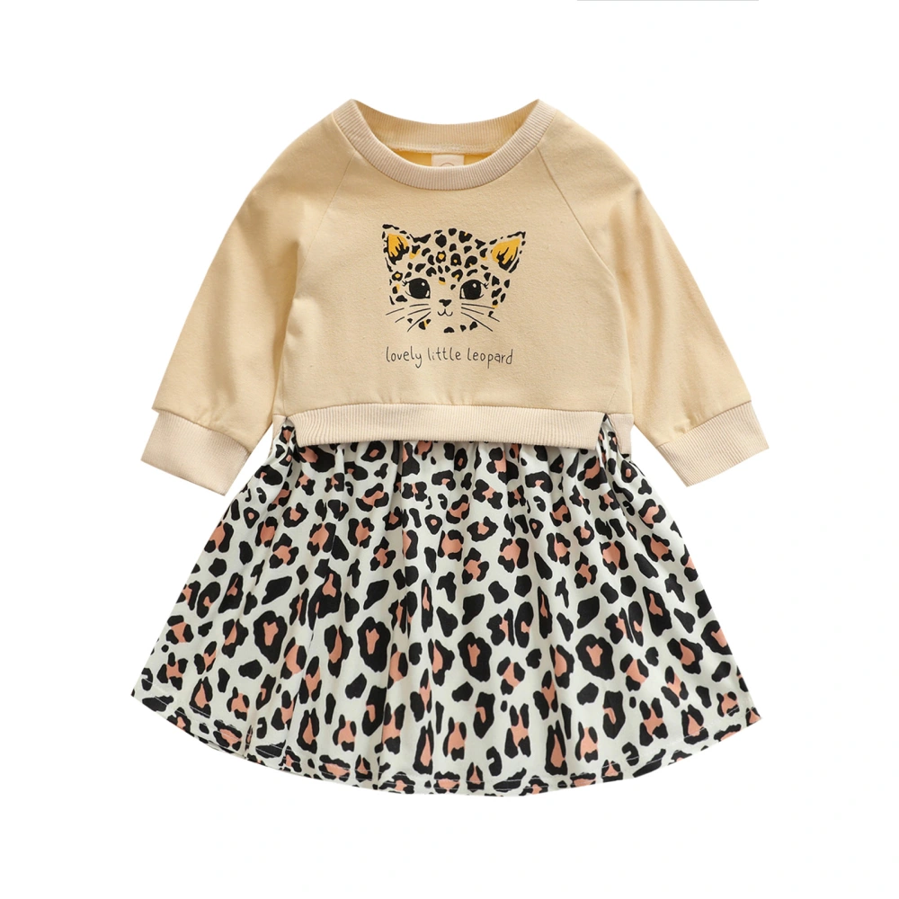 Girl’s Letter Leopard Stitching Round Neck Long Sleeve A-line Dress