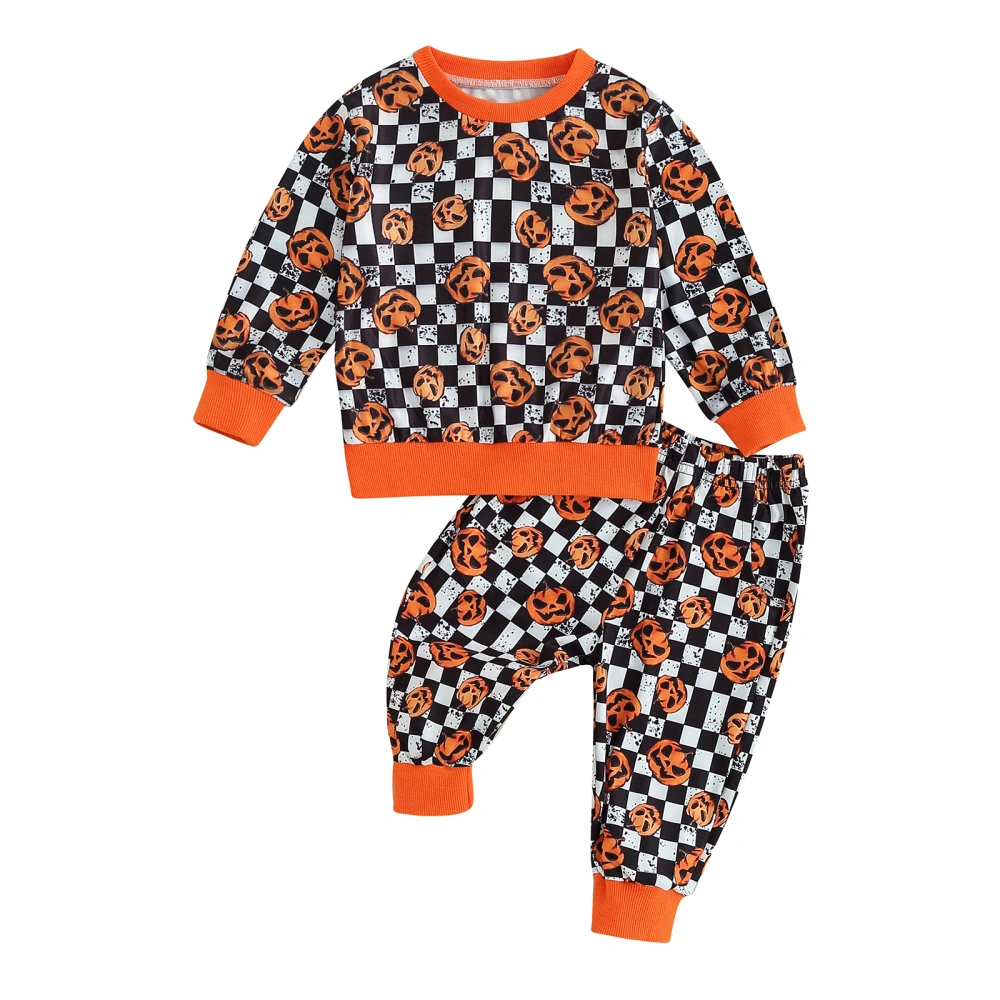 Boy Halloween Pumpkin Print Long Sleeve Pullover Elastic Waist Pants