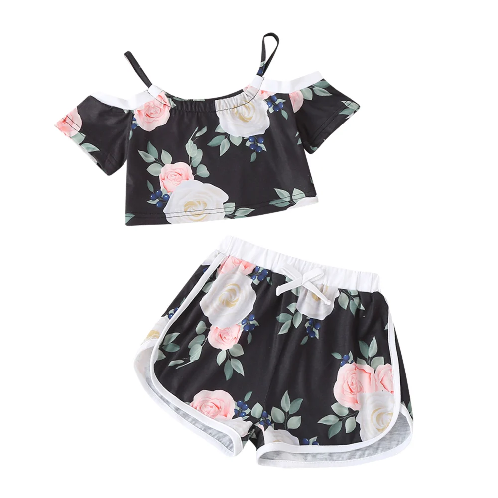 Toddler Girls 2Pcs Summer Clothes, Off Shoulder Floral Tops + Shorts