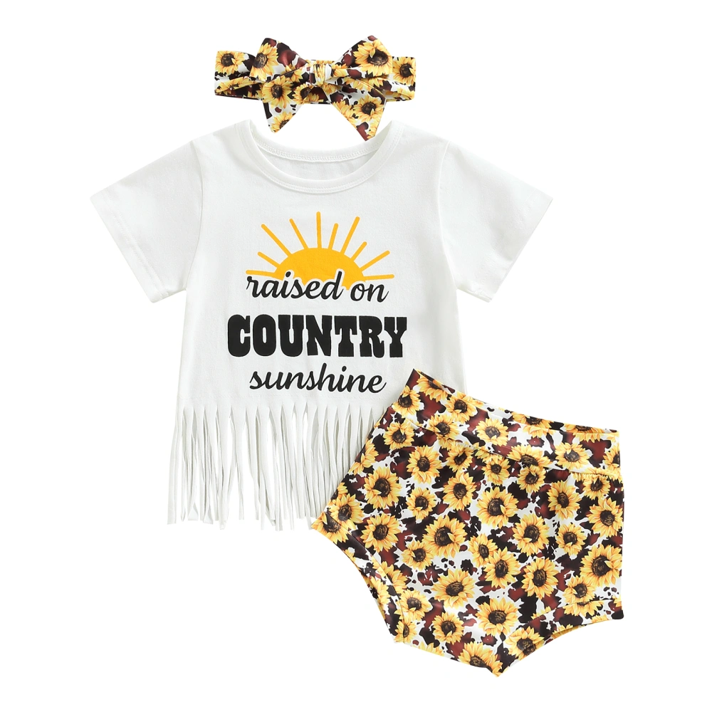 Baby Girls Shorts Set, Letters T-shirt + Sunflower Shorts + Headband