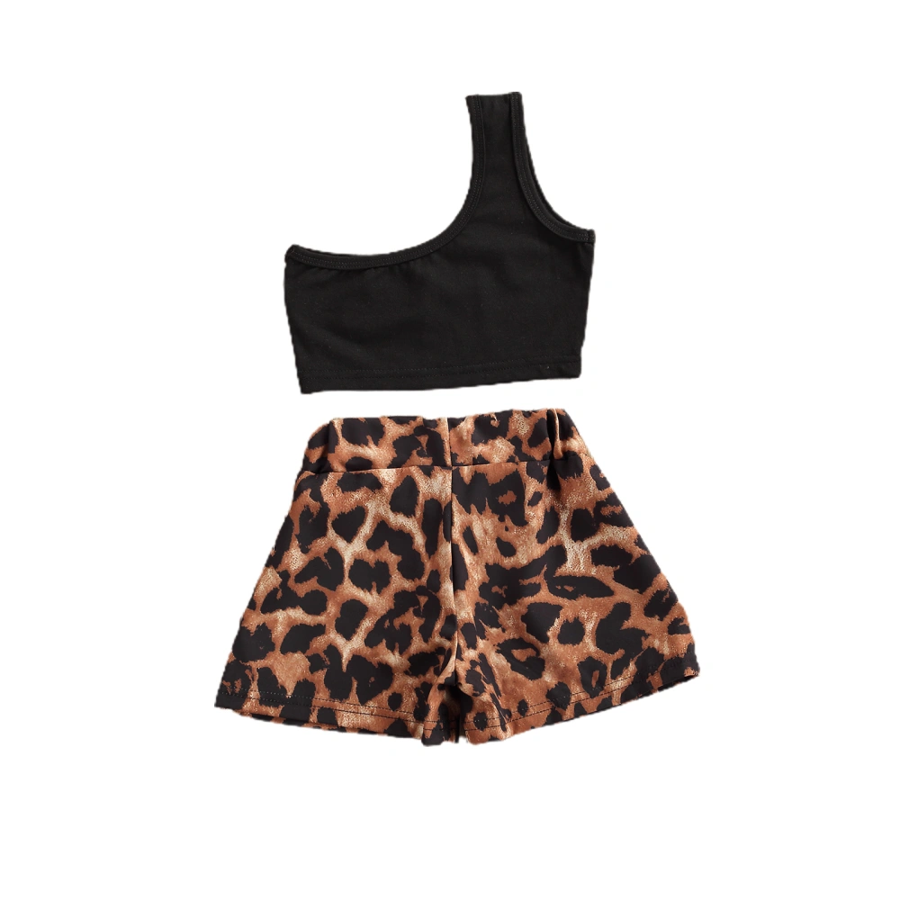 Kids Girls 2-piece Outfit Set One Shoulder Tops+Leopard Shorts Set