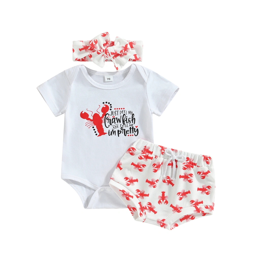 Girl Letter Print Short Sleeve Romper + Lobster Shorts + Bow Headband