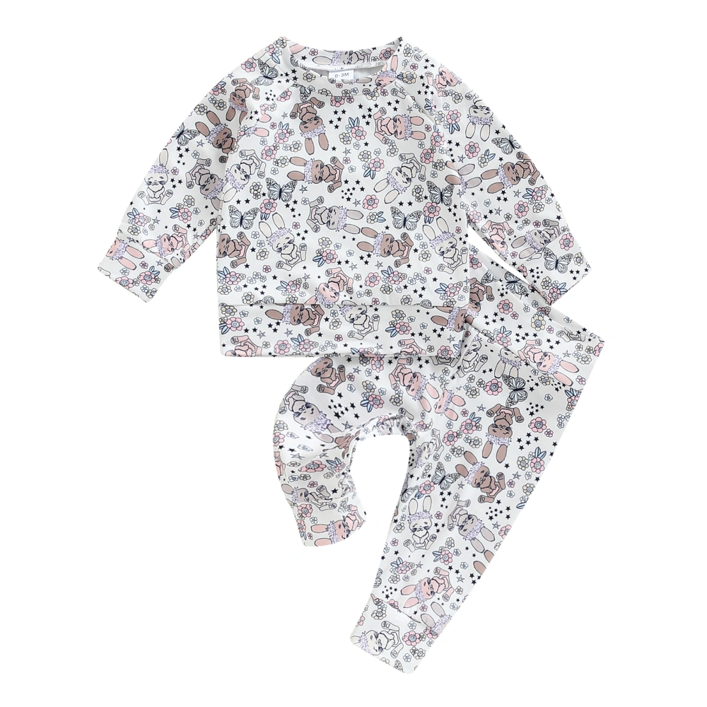 Baby Girls Pants Set, Rabbit Print Long Sleeve Sweatshirt + Sweatpants