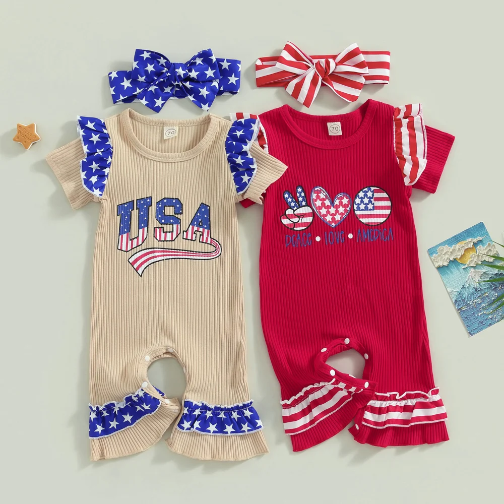 Baby Girls Jumpsuit Set, Short Sleeve Stars/Striped Romper + Headband