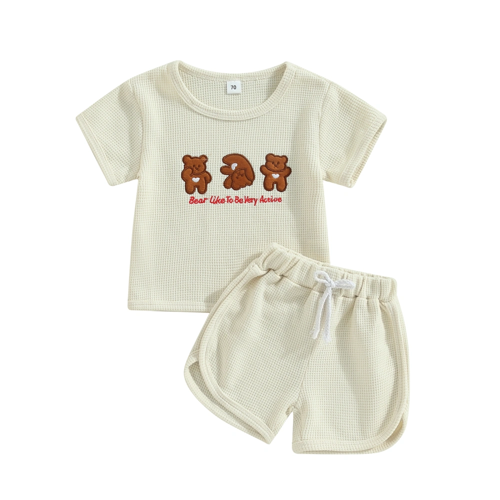 Baby Girl Boy Summer Outfit Bear Embroidery Waffle Tops Shorts Set