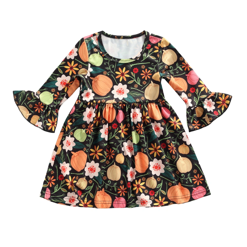 Kids Halloween Outfit, Pumpkin/Ghost Print Flared Sleeves Dress