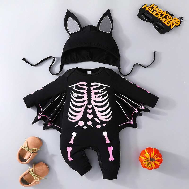 Baby Boys Girl Halloween Long Sleeve Skeleton Print Romper with Hat