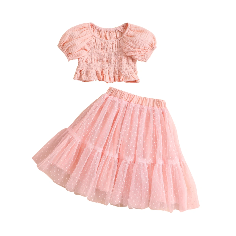 Girls Skirt Set, Short Sleeve Pleated Crop Top with Dots Tulle Skirt