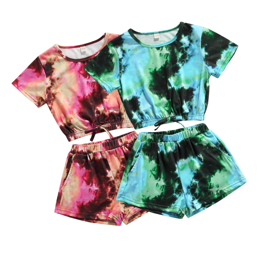 Kids Summer Outfit, Girls Tied-Dye T-Shirt + Elastic Waist Shorts