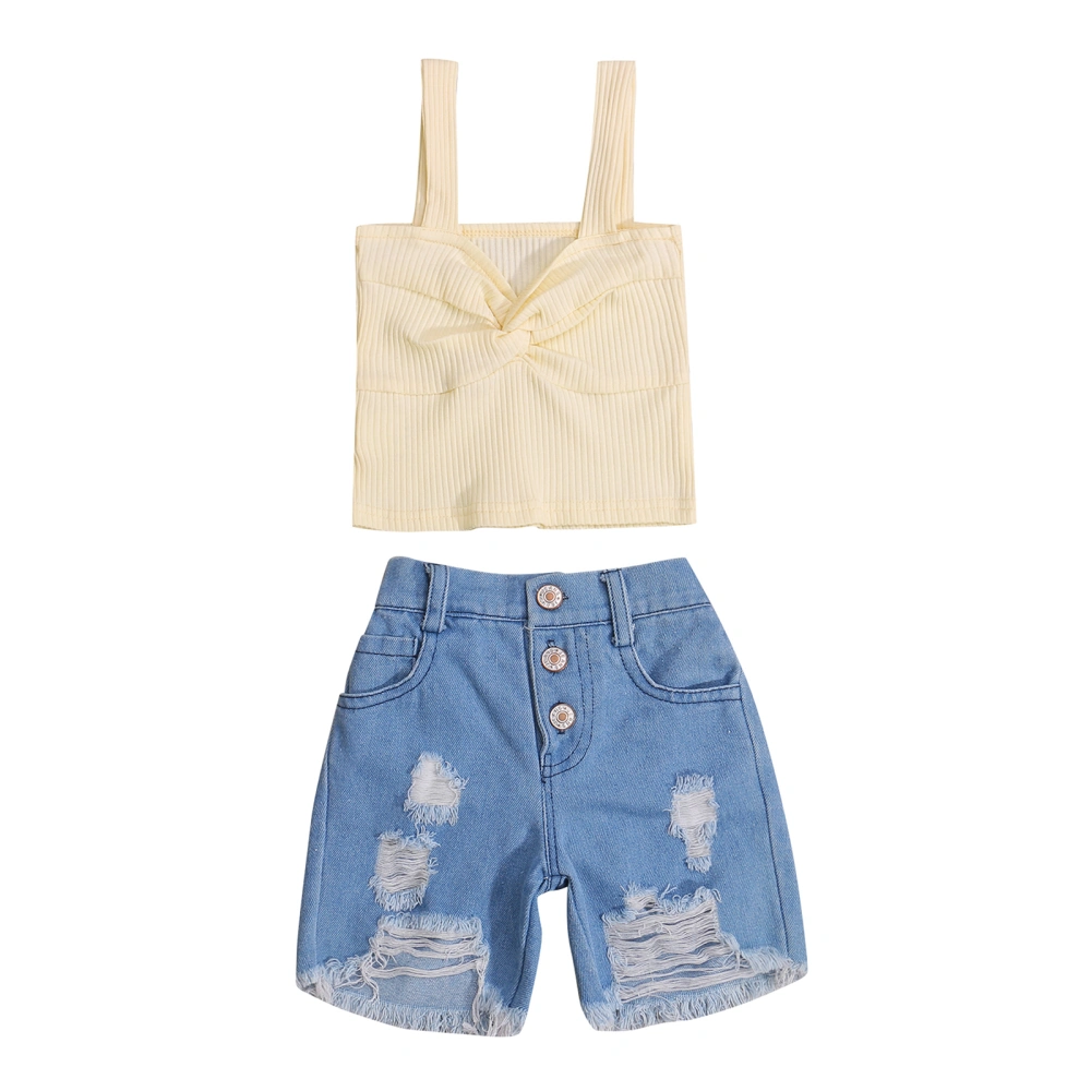 Girl’s Solid Color Twisted Suspender Tops and Ripped Shorts Set