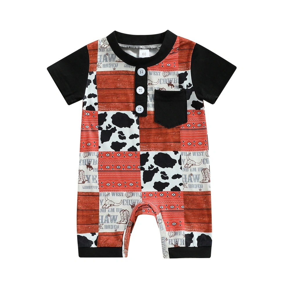 Baby Boys Short Sleeve O Neck Cattle Head Print Button Romper