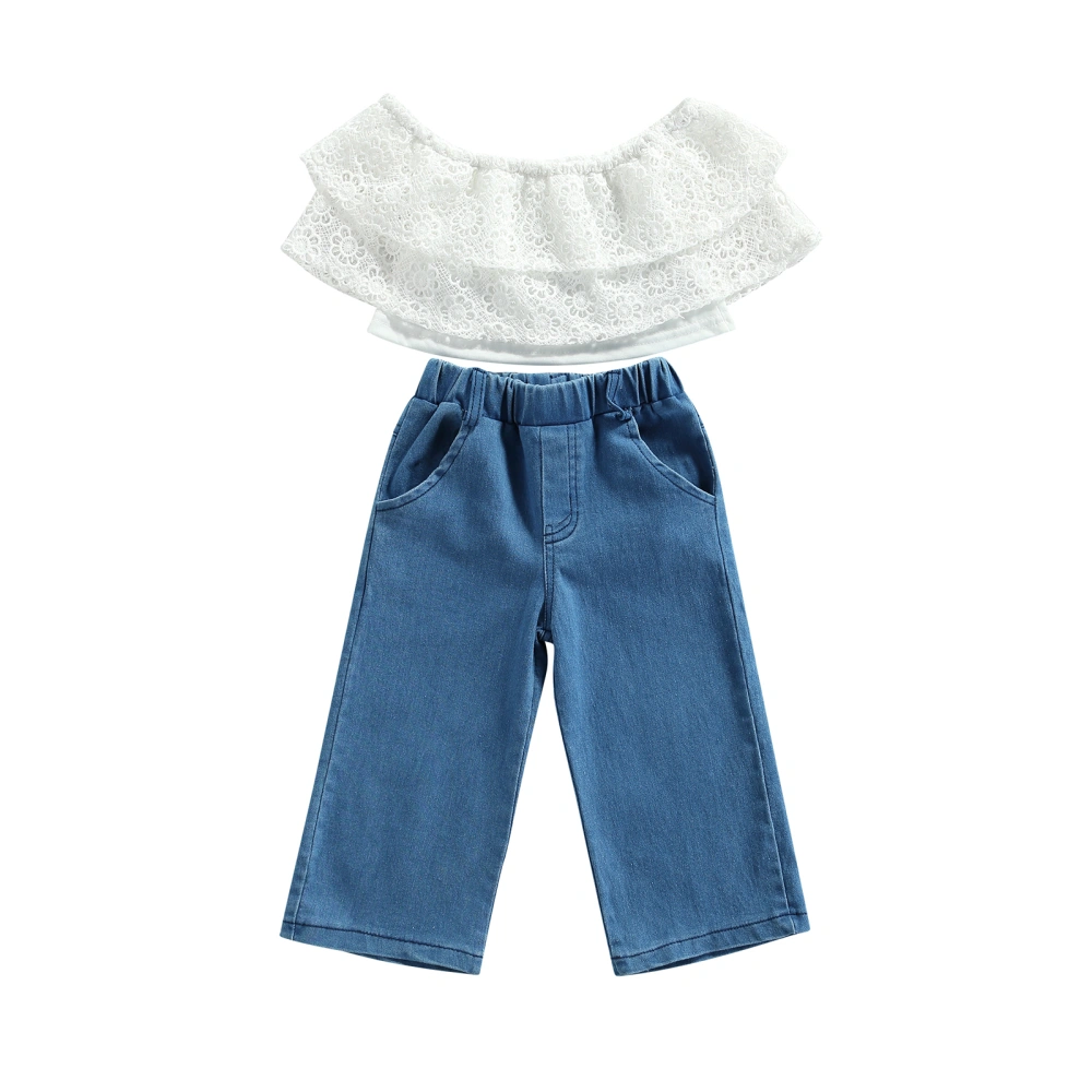 Girl’s Solid Color Lace Boat Neck T-shirt and Loose Denim Pants Set