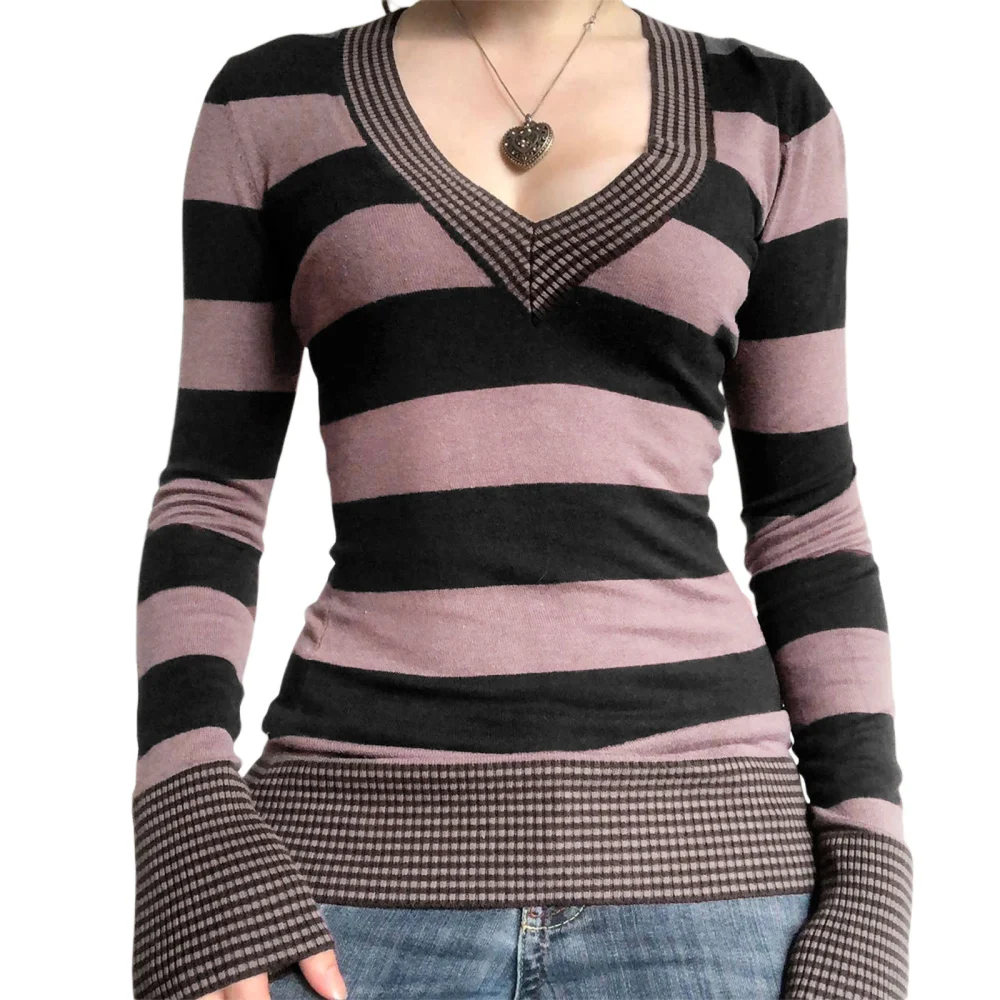 Women Trendy Knitted Tops, Knit Striped V-Neck Long Sleeve Knitwear