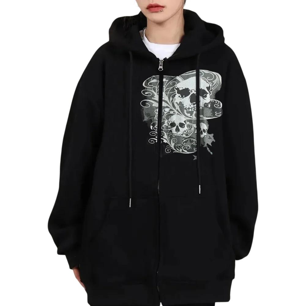 Women's Zipper Sweatshirts Coat, Skull Print Long Sleeve Hoodies 