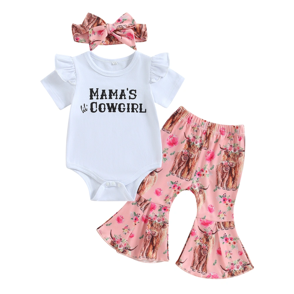 Girls Letter Print Romper + Cattle Head Print Flared Pants + Headband