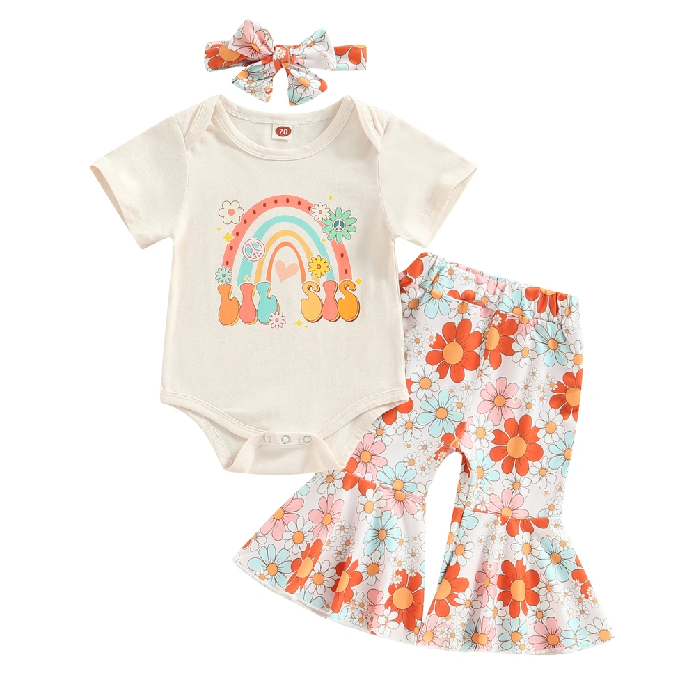 Baby Girl Spring Outfits, Rainbow Romper + Floral Pants + Headband Set