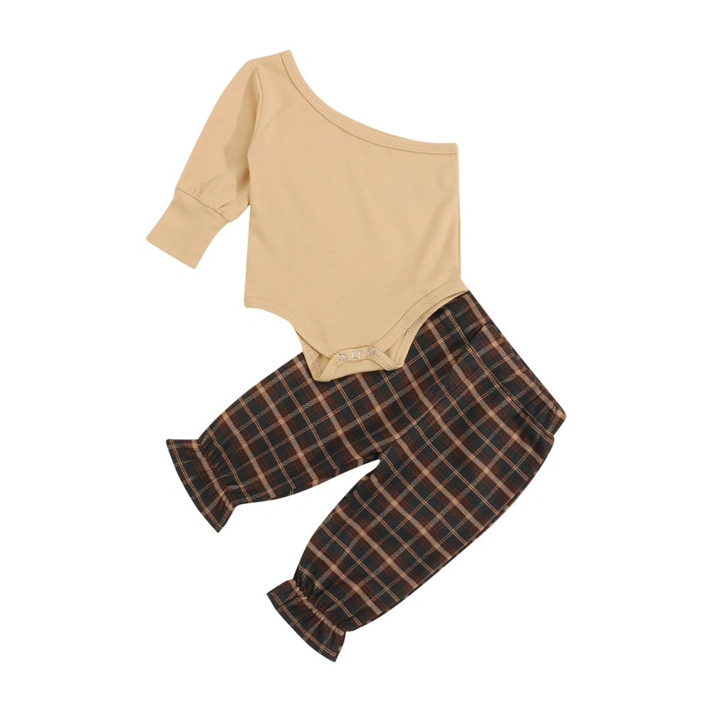 Kids Solid Color One Shoulder Long Sleeve Romper+ Plaid Long Pants