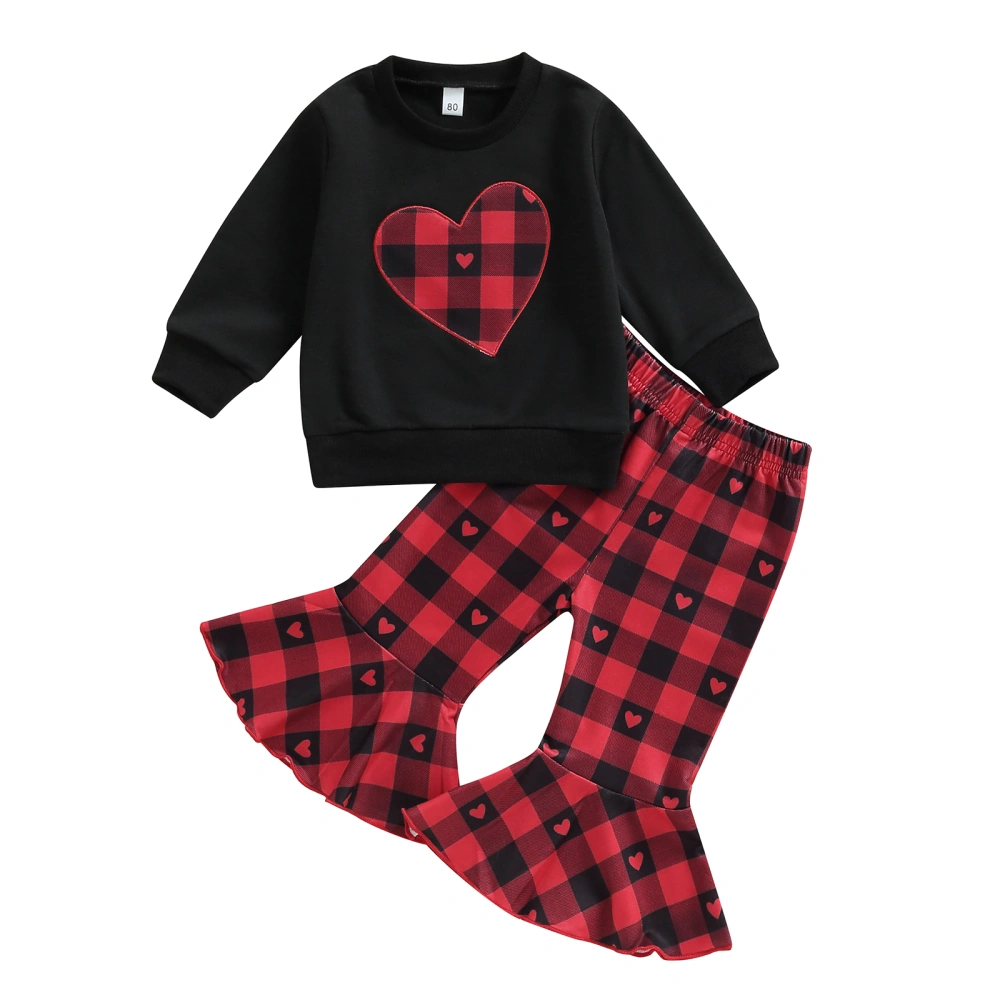 Toddler Girls Valentines Day Heart Print Pullover + Plaid Flared Pants