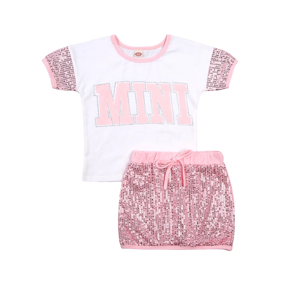 Girls Clothes Set, Letter Print T-shirt + Mini Skirt with Sequins