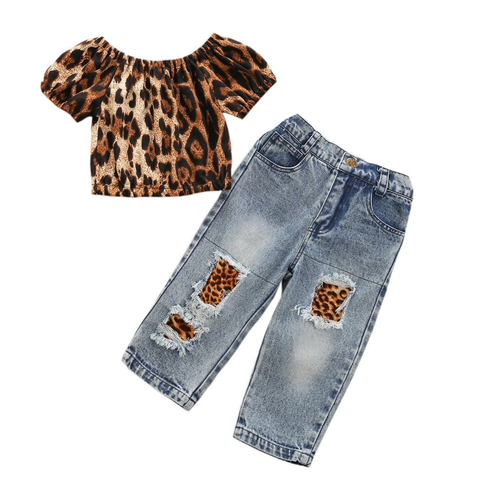 Kids Girls Leopard Print Round Neck Short Sleeve Tops+ Ripped Jeans