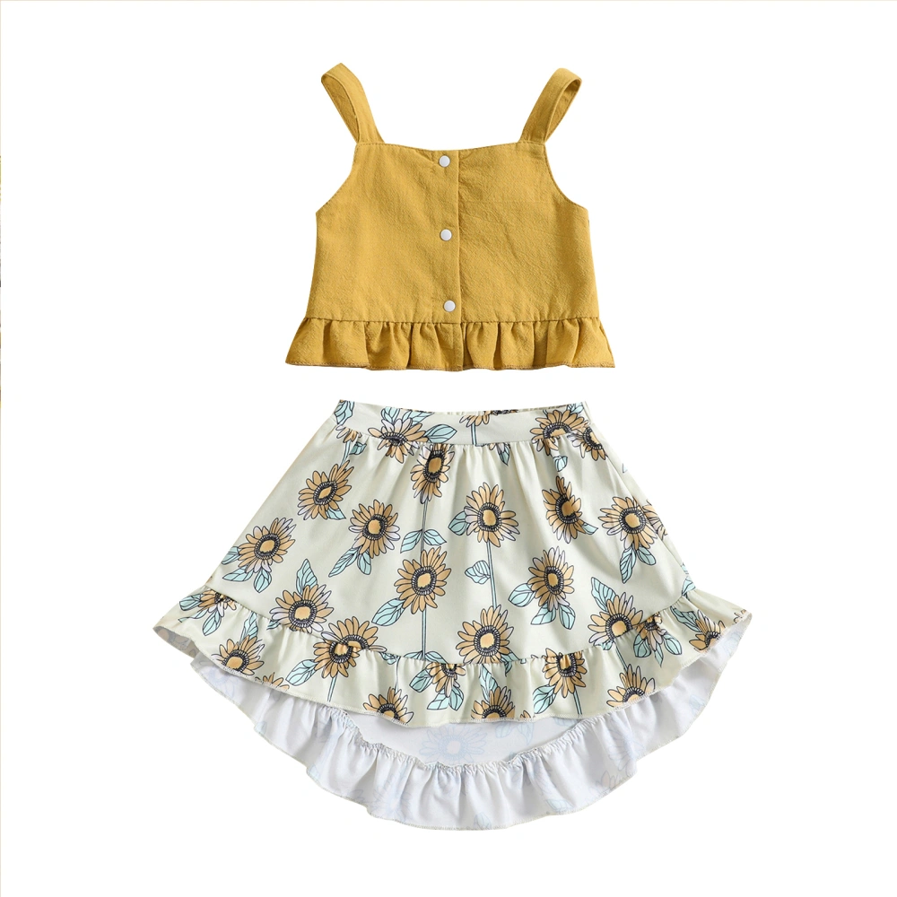 Toddler Girls Solid Color Button Sling Vest + Irregular Floral Skirt