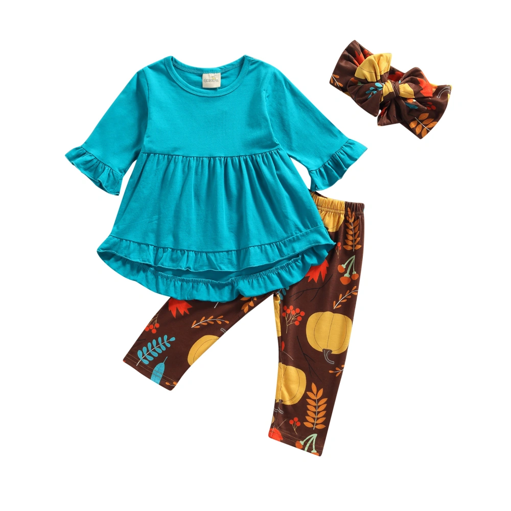 Solid Color O-Neck Long Sleeve Tops+ Pumpkin Print Pants+ Headband