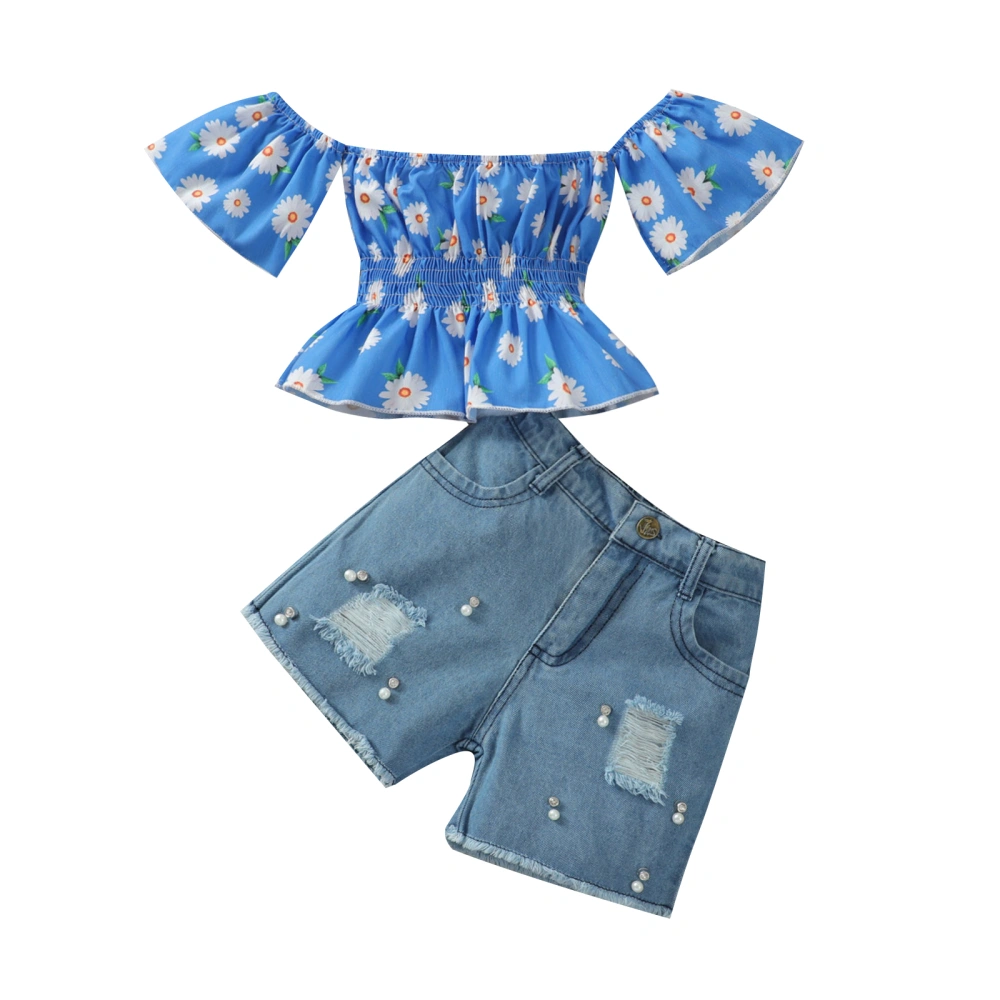 Girl’s Solid Color/Print Boat Neck T-shirt and Ripped Denim Shorts