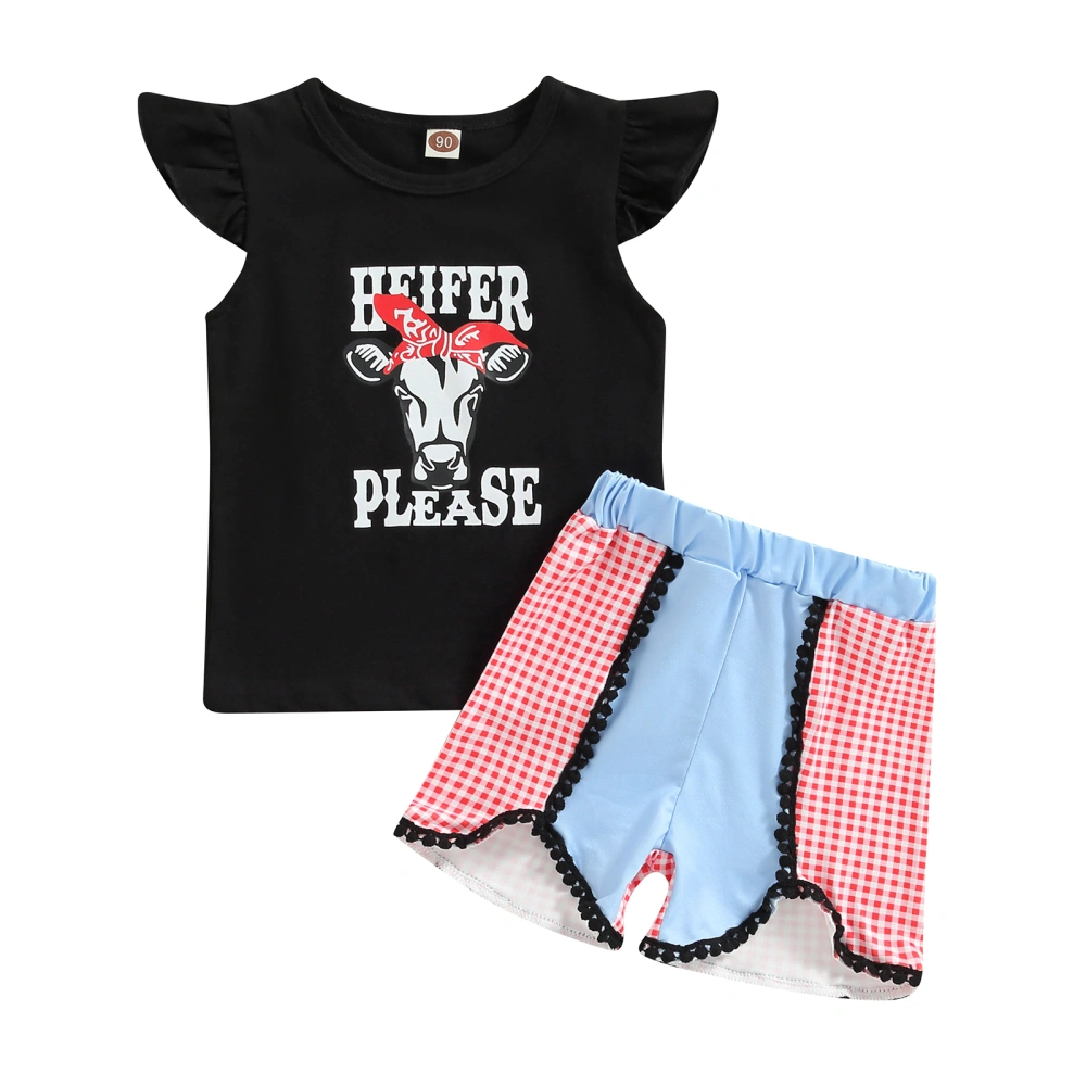 Toddler Girls Flying Sleeve Cattle Head Print Tops + Patchwork Shorts