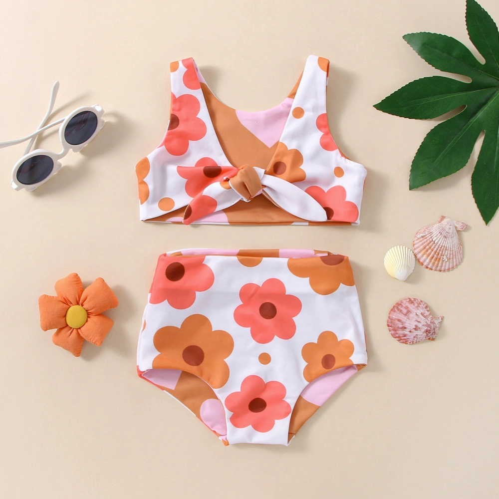 Girl's Summer Swimsuit, Flower & Heart Print Knotted Vest + Shorts