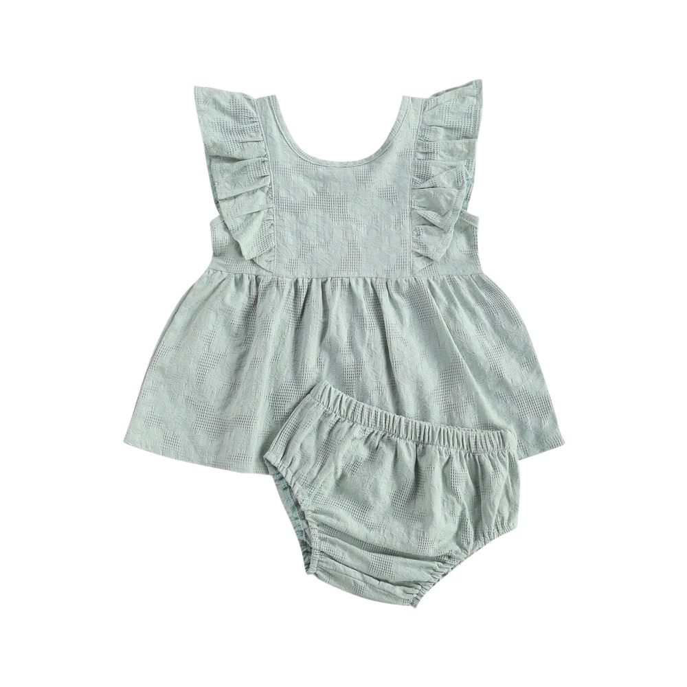 Girls Solid Color Clothes Set, Sleeveless Large Hem Tops+Short Pants