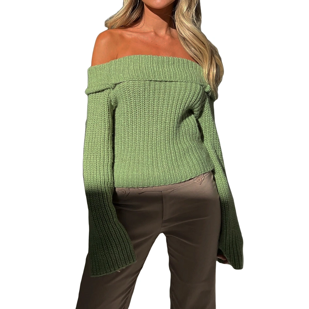 Women's Knit Jumper Tops, Off Shoulder Long Sleeve Solid Color Sweater