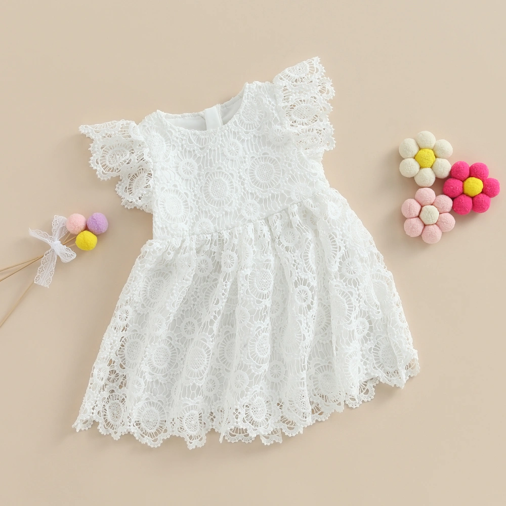 Girl White Dress Flying Sleeve Crewneck Lace Floral Beach Dress