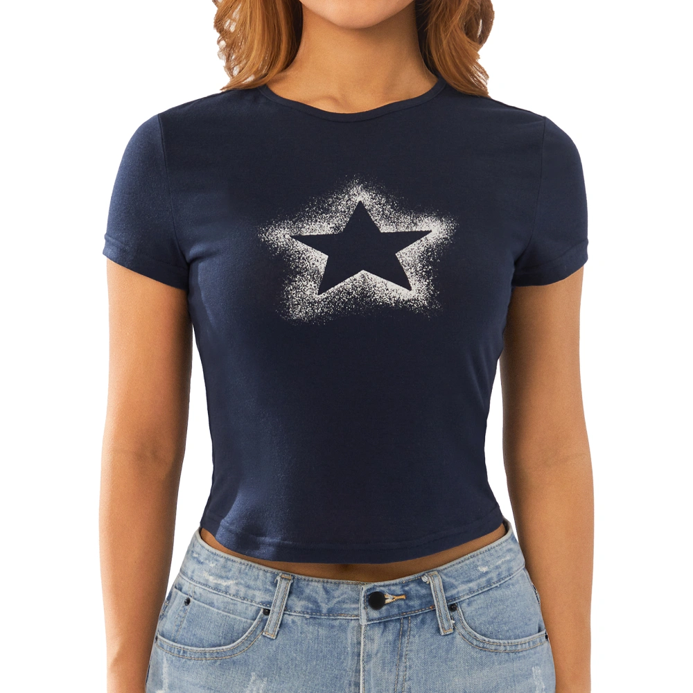 Women Fashion Crop Tops Stars Print Round Neck Short Sleeve T-Shirt