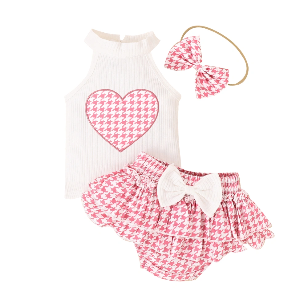 Baby Girl 3Pcs Summer Outfits, Heart Tank Tops + Shorts + Headband Set