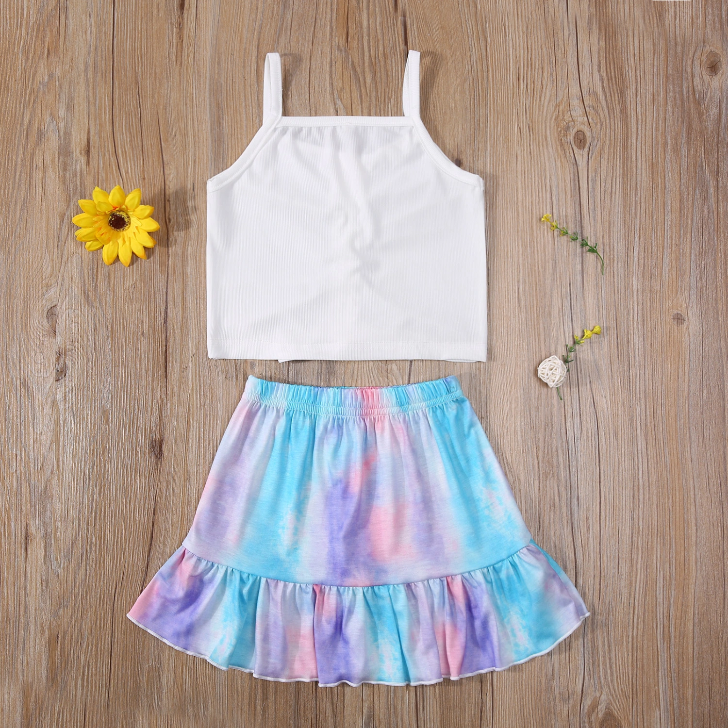 Little Girls Outfit, Drawstring Suspender Top, Random Dyeing Skirt
