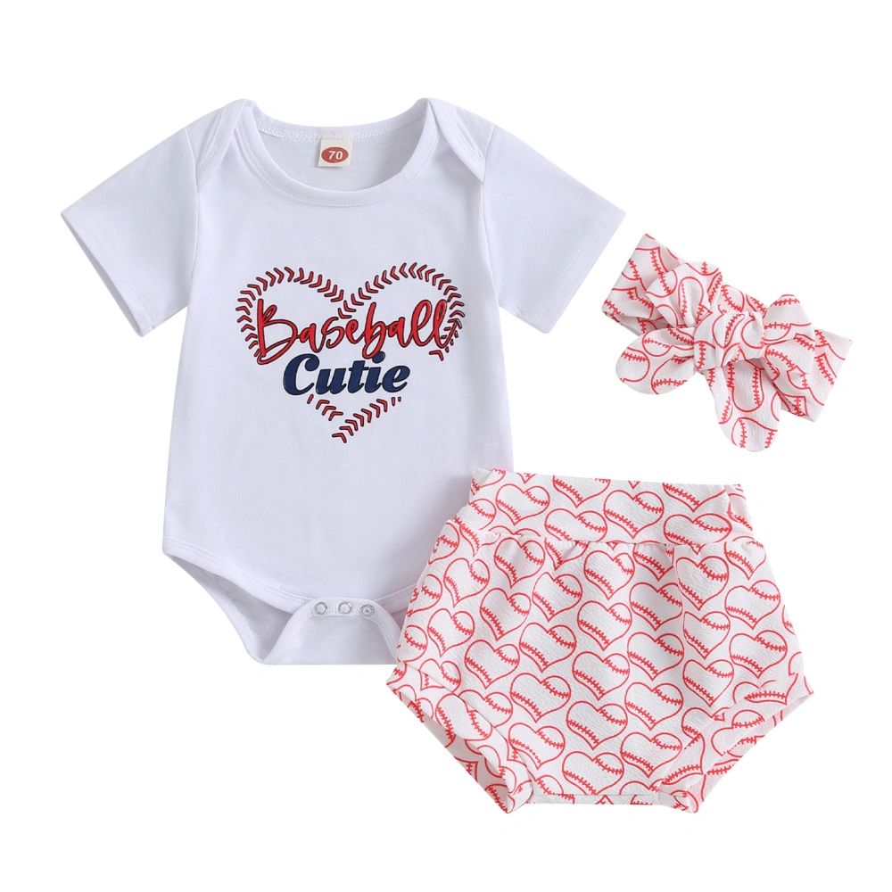 Baby Girl Baseball Outfits Romper with Heart Print Shorts Headband Set