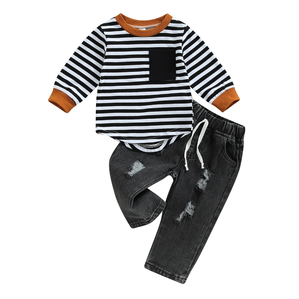 Boy Long Sleeve Round Neck Stripe Print T-Shirt + Denim Ripped Pants